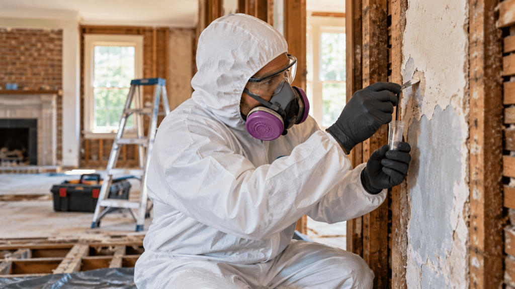 Professional asbestos inspector wearing protective gear and collecting a wall material sample inside an older home undergoing renovation in Augusta, GA.